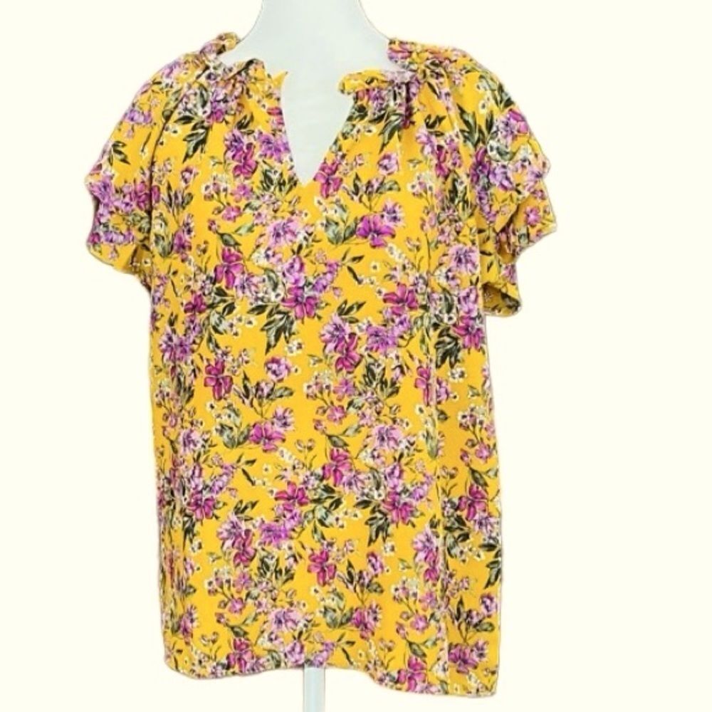 Pleione Floral  Mustard  Cottage Core Split Neck Blouse, Ruffled Sleeves size M
